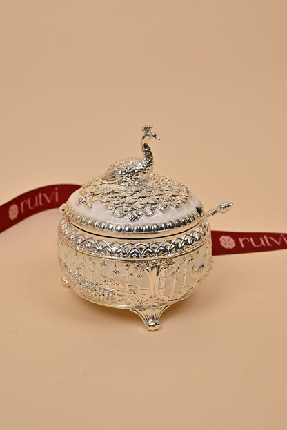 German Silver Peacock Circle Box – Intricate Storage & Festive Gifting