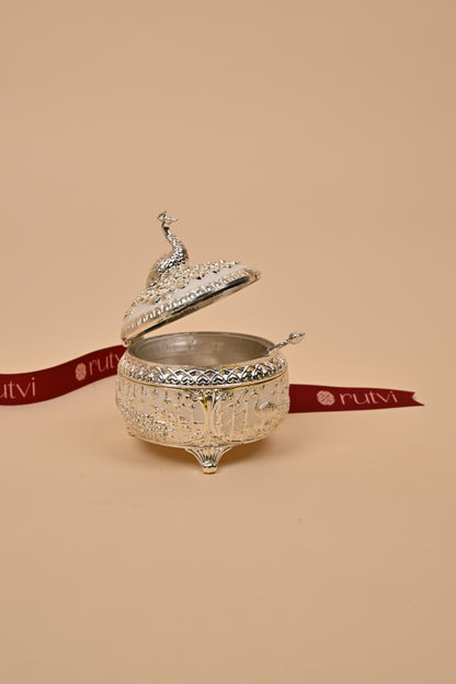 German Silver Peacock Circle Box – Intricate Storage & Festive Gifting