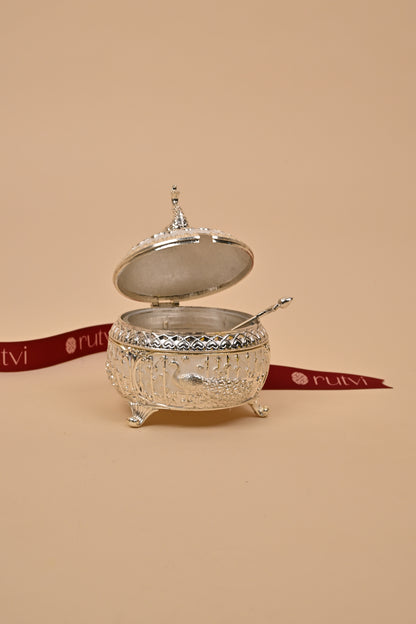 German Silver Peacock Circle Box – Intricate Storage & Festive Gifting