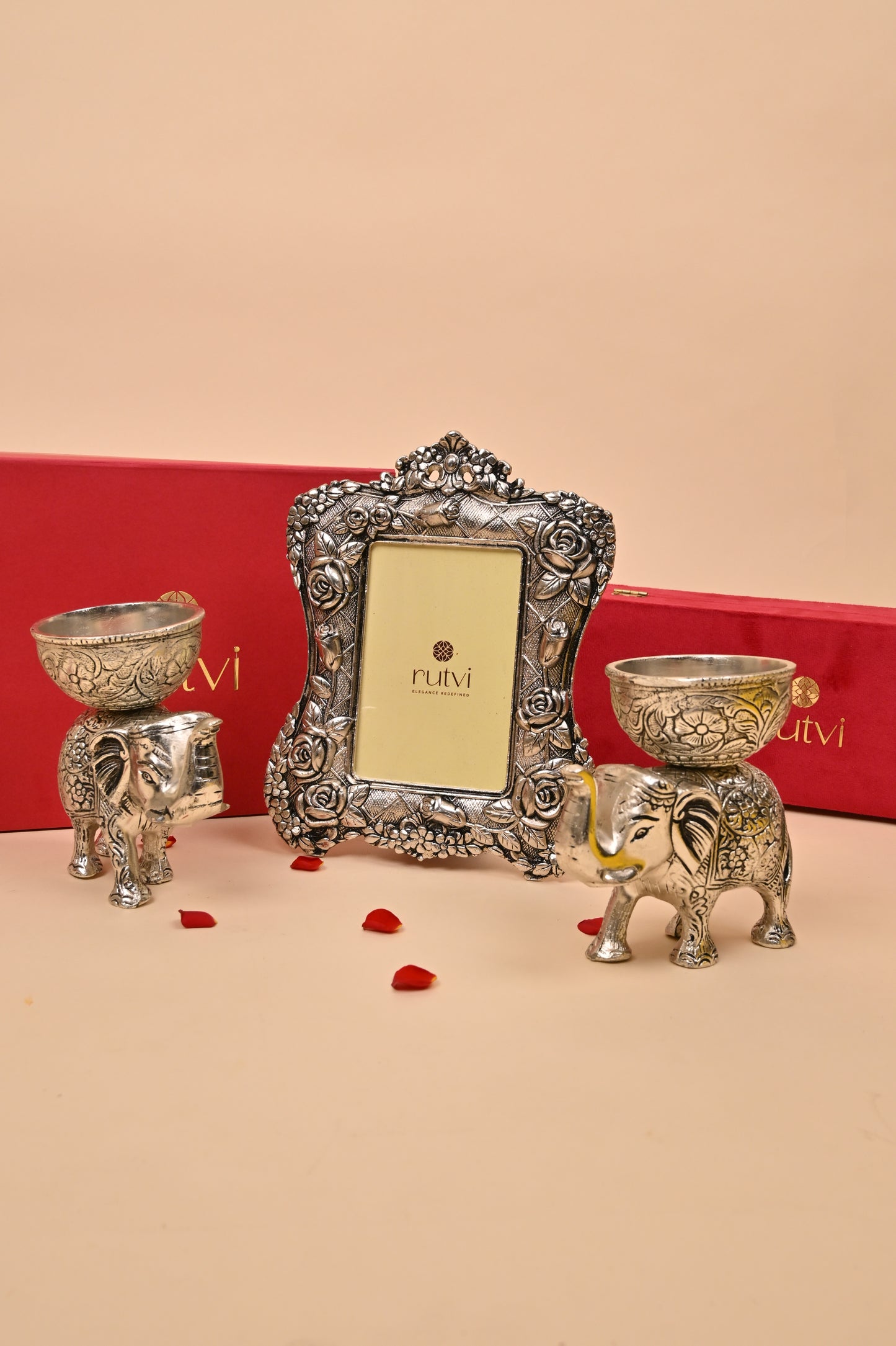 German Silver Elephant Bowl Set with Decorative Frame – Luxury Pooja & Festive Gifting