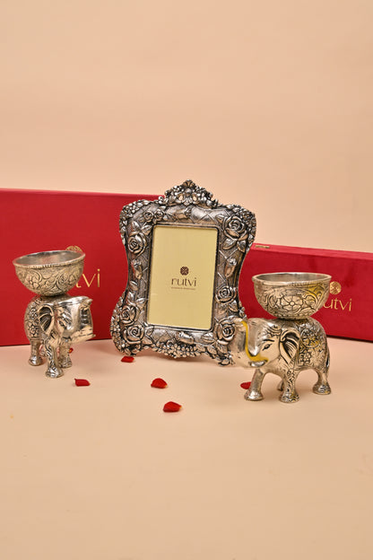 German Silver Elephant Bowl Set with Decorative Frame – Luxury Pooja & Festive Gifting