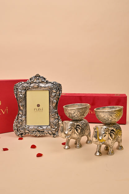 German Silver Elephant Bowl Set with Decorative Frame – Luxury Pooja & Festive Gifting