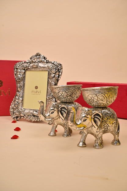 German Silver Elephant Bowl Set with Decorative Frame – Luxury Pooja & Festive Gifting