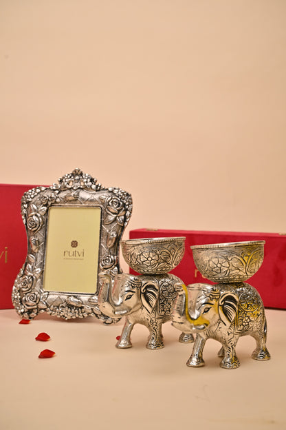 German Silver Elephant Bowl Set with Decorative Frame – Luxury Pooja & Festive Gifting