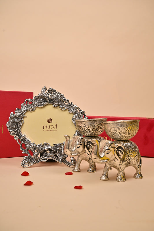 German Silver Elephant Bowl Set with Ornate Photo Frame – Exquisite Home Décor & Gifting