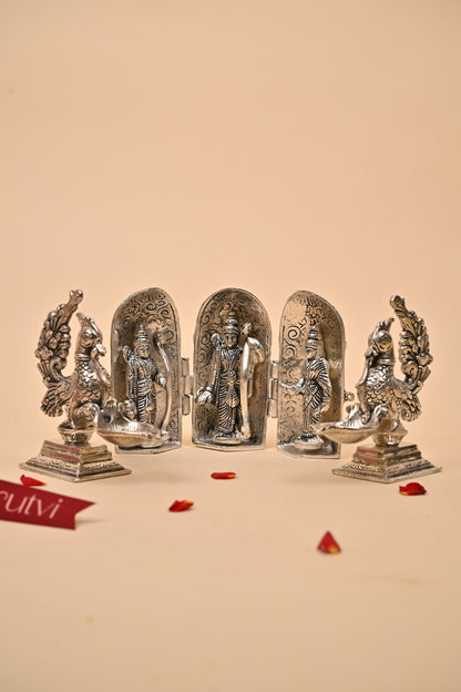German Silver Ram Darbar with Peacock Diyas – Exquisite Temple & Festive Gift