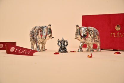 German Silver Elephant with Mini Ganesha Idol – Auspicious Diwali Gift Set