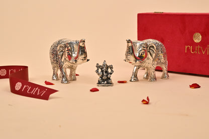 German Silver Elephant with Mini Ganesha Idol – Auspicious Diwali Gift Set