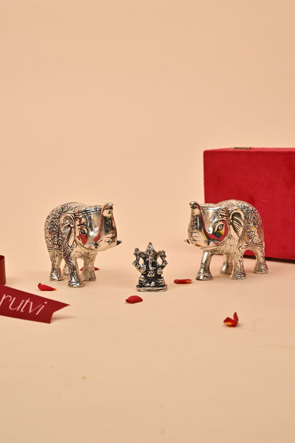 German Silver Elephant with Mini Ganesha Idol – Auspicious Diwali Gift Set