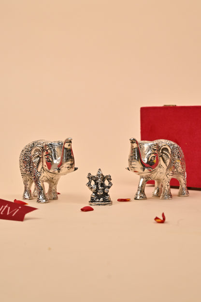 German Silver Elephant with Mini Ganesha Idol – Auspicious Diwali Gift Set