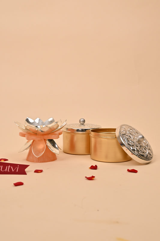 German Silver Lotus Diya with Marble Base – Elegant Diwali Gifting & Pooja Oil Lamp