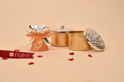 German Silver Lotus Diya with Marble Base – Elegant Diwali Gifting & Pooja Oil Lamp