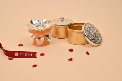 German Silver Lotus Diya with Marble Base – Elegant Diwali Gifting & Pooja Oil Lamp
