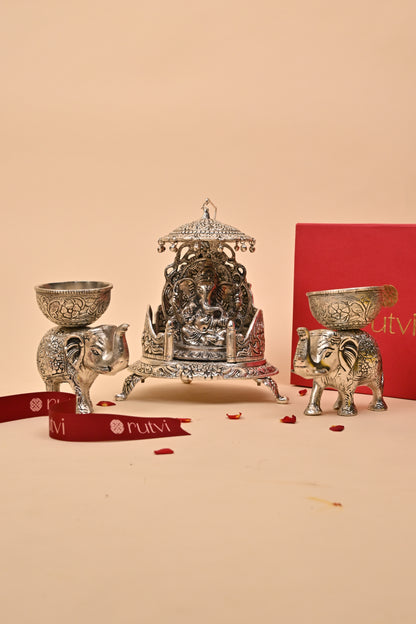 German Silver Ganesh Singhasan with Elephant Base – Auspicious Diwali Gifting & Home Décor