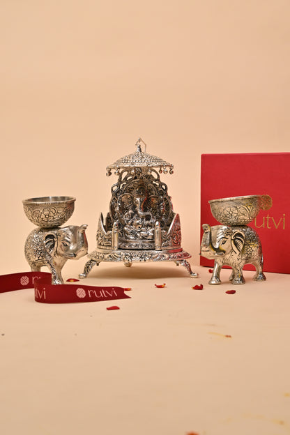 German Silver Ganesh Singhasan with Elephant Base – Auspicious Diwali Gifting & Home Décor