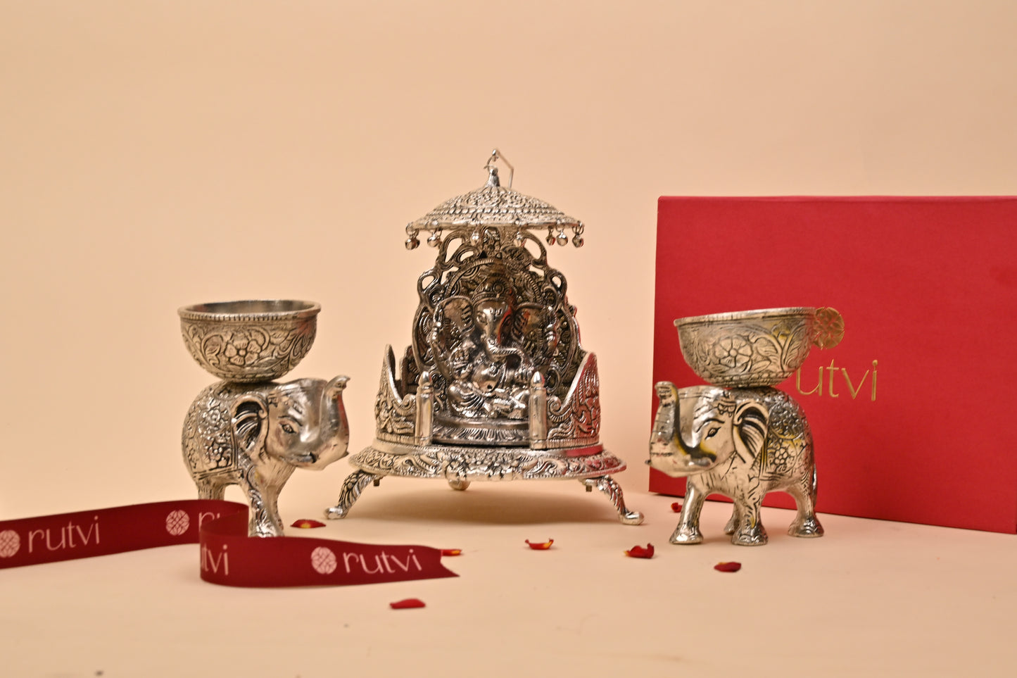 German Silver Ganesh Singhasan with Elephant Base – Auspicious Diwali Gifting & Home Décor