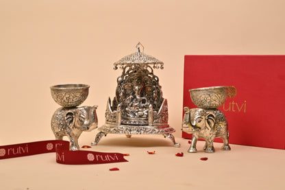 German Silver Ganesh Singhasan with Elephant Base – Auspicious Diwali Gifting & Home Décor
