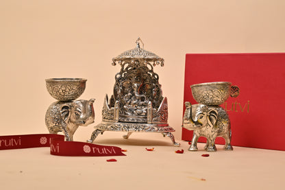German Silver Ganesh Singhasan with Elephant Base – Auspicious Diwali Gifting & Home Décor