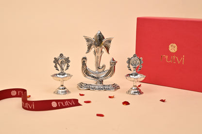 German Silver Ganesha Idol with Pair of Diya – Auspicious Pooja & Festive Gift Set