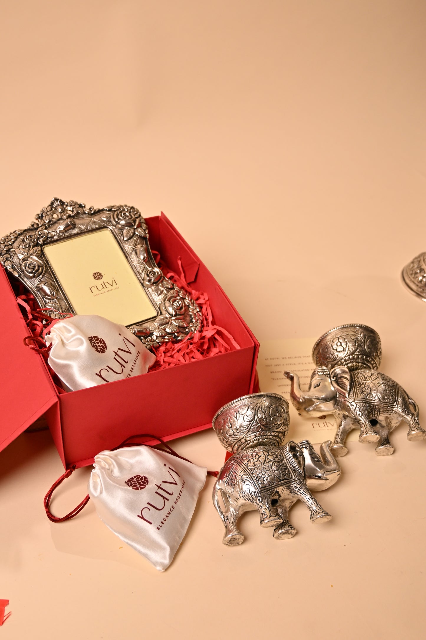 German Silver Elephant Bowl Set with Decorative Frame – Luxury Pooja & Festive Gifting