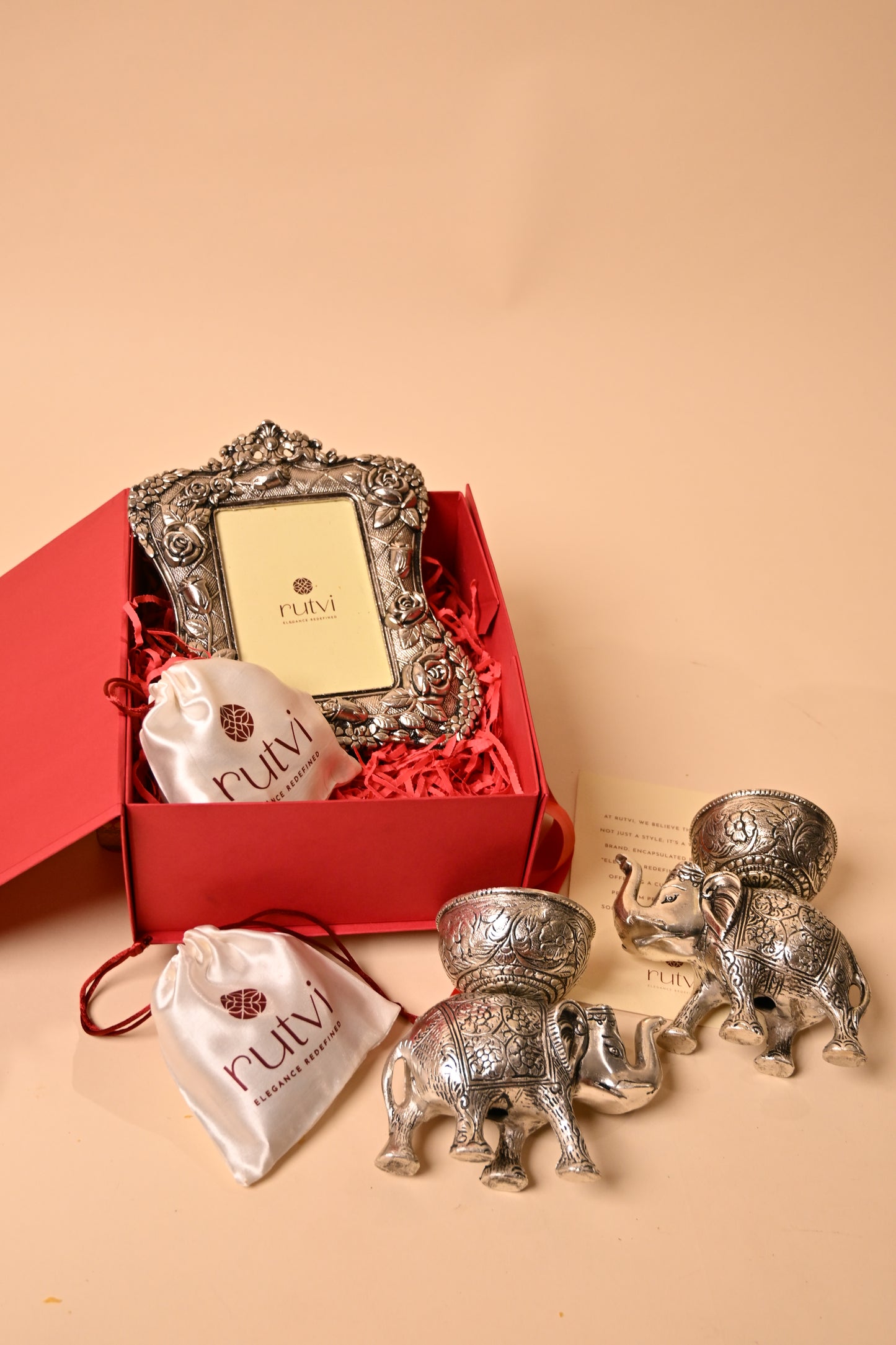 German Silver Elephant Bowl Set with Decorative Frame – Luxury Pooja & Festive Gifting