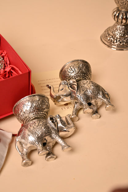 German Silver Elephant Bowl Set with Decorative Frame – Luxury Pooja & Festive Gifting