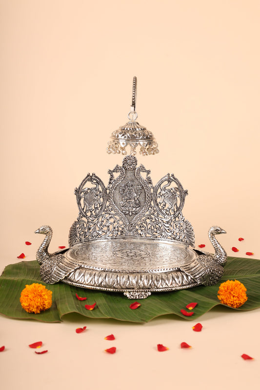 Oval Shape Swan Singasan in German Silver – Handcrafted Grand Throne for Idols & Pooja Mandir
