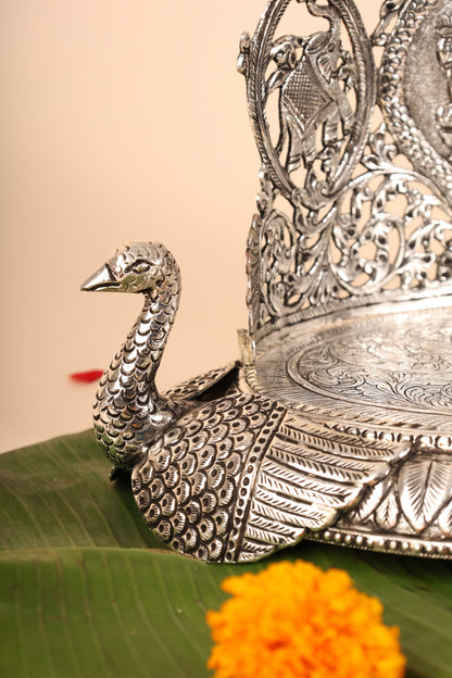 Oval Shape Swan Singasan in German Silver – Handcrafted Grand Throne for Idols & Pooja Mandir