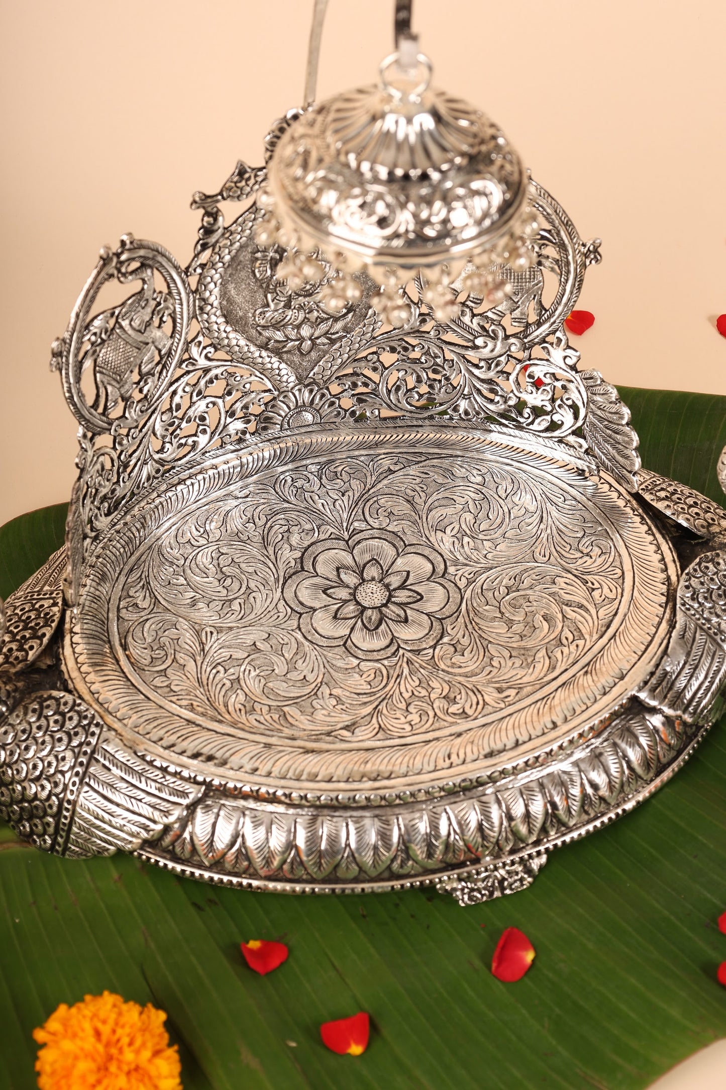 Oval Shape Swan Singasan in German Silver – Handcrafted Grand Throne for Idols & Pooja Mandir