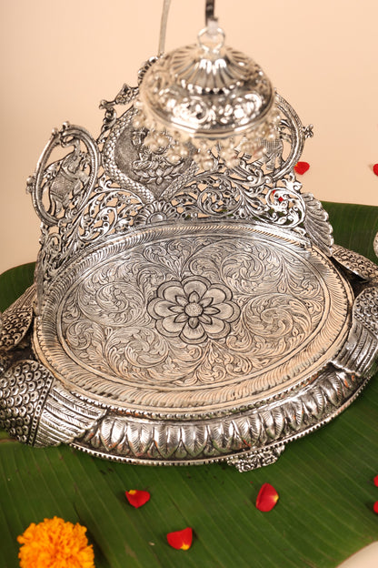 Oval Shape Swan Singasan in German Silver – Handcrafted Grand Throne for Idols & Pooja Mandir