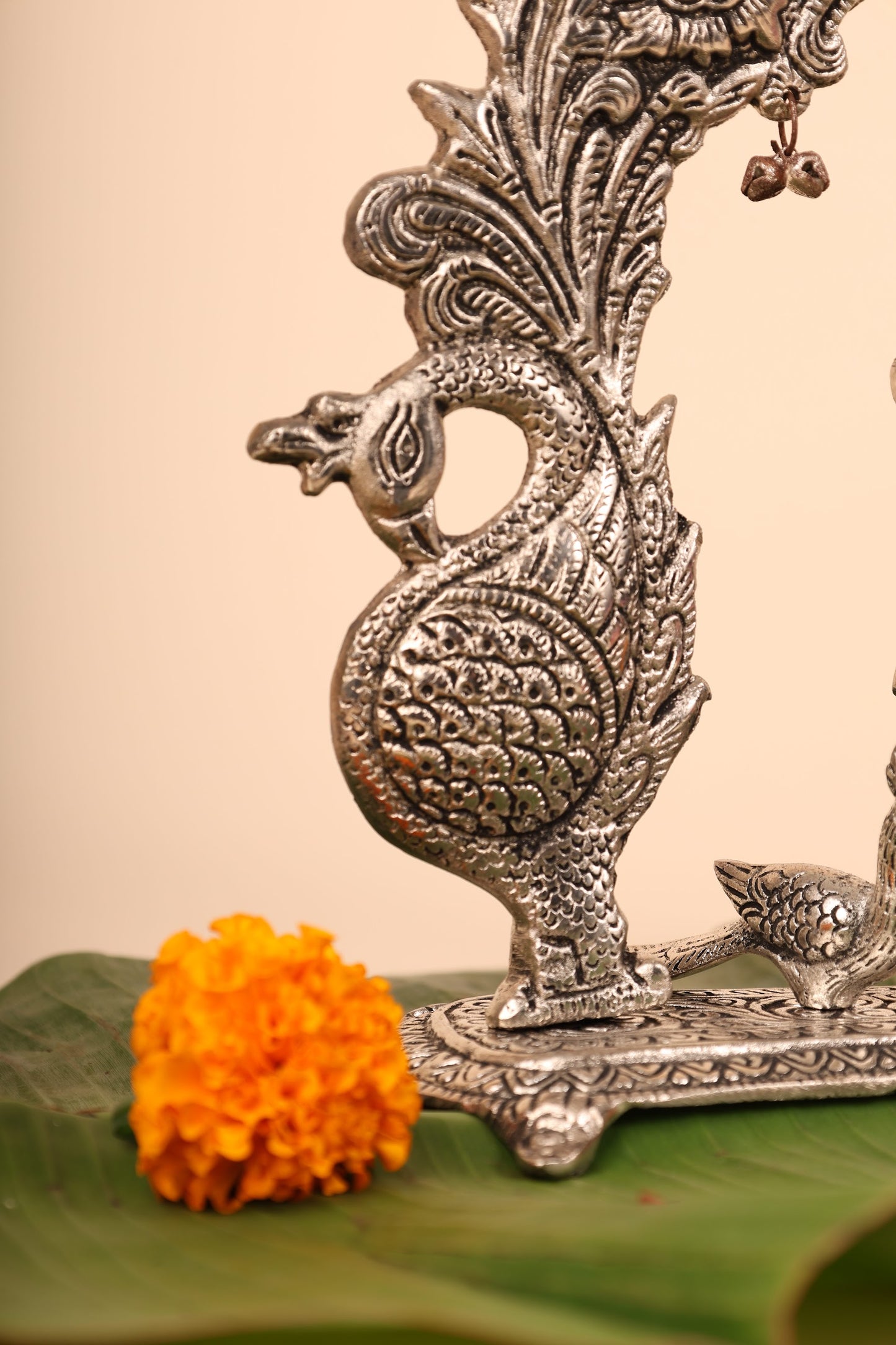 Radha Krishna with Bells and Peacock Frame – Handcrafted German Silver Wall Decor for Temple & Home