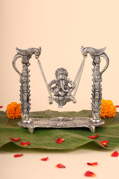Ganesh with Cradle in German Silver – Handcrafted Bal Ganpati Idol for Pooja & Festive Décor
