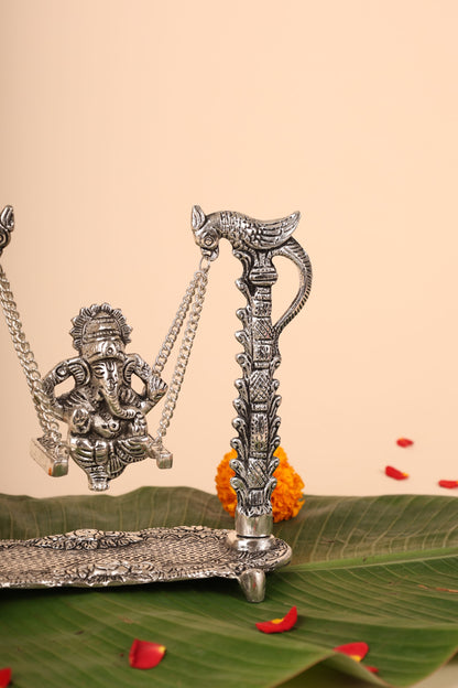Ganesh with Cradle in German Silver – Handcrafted Bal Ganpati Idol for Pooja & Festive Décor