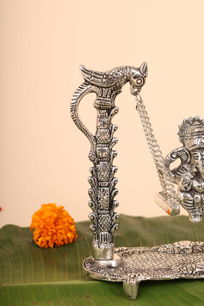 Ganesh with Cradle in German Silver – Handcrafted Bal Ganpati Idol for Pooja & Festive Décor