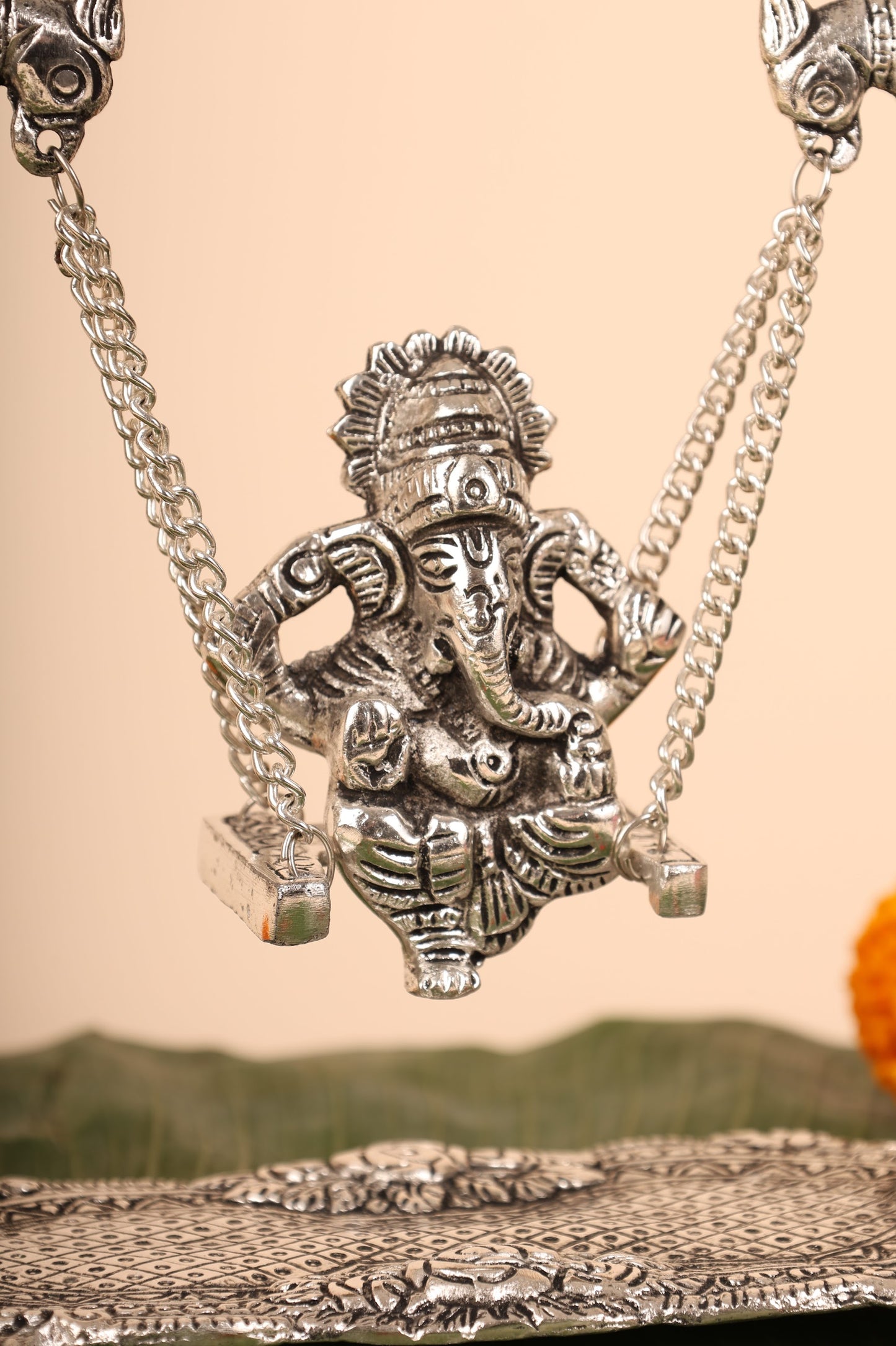 Ganesh with Cradle in German Silver – Handcrafted Bal Ganpati Idol for Pooja & Festive Décor