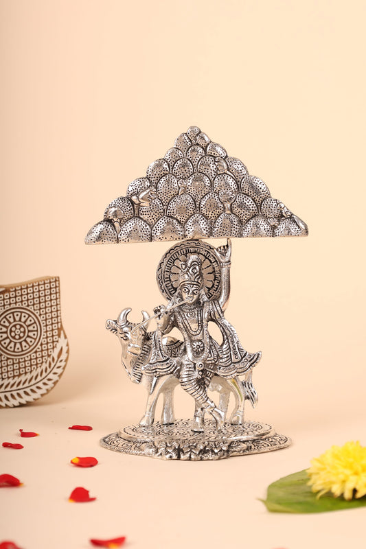 Krishna Under Tree Idol in German Silver – Handcrafted Murti for Pooja Room & Spiritual Décor