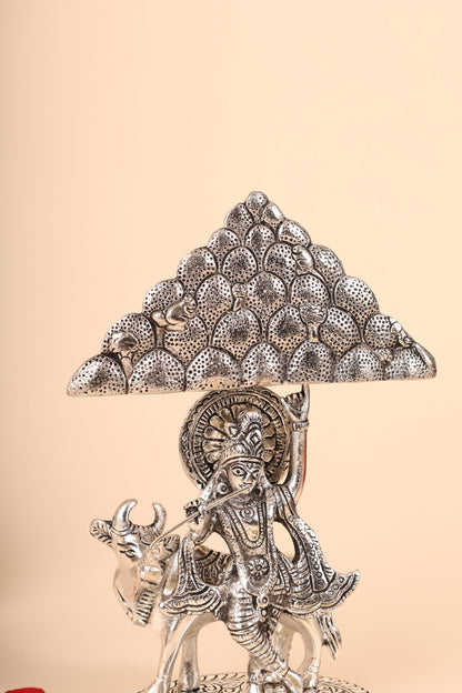 Krishna Under Tree Idol in German Silver – Handcrafted Murti for Pooja Room & Spiritual Décor