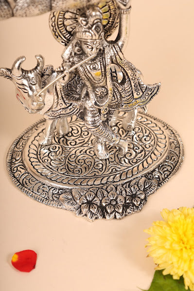 Krishna Under Tree Idol in German Silver – Handcrafted Murti for Pooja Room & Spiritual Décor