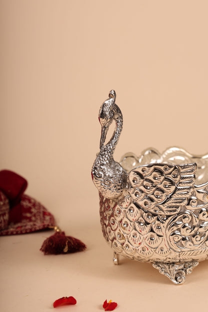 German Silver Peacock Container – Decorative Storage Box for Pooja & Gifting