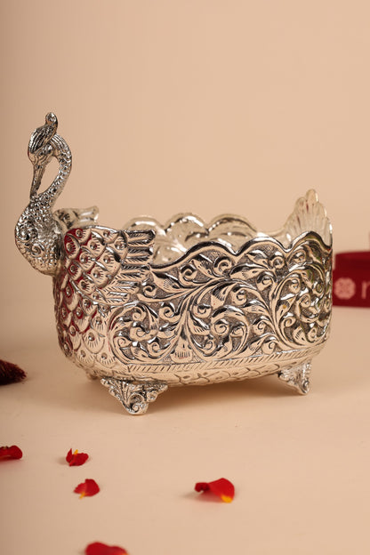German Silver Peacock Container – Decorative Storage Box for Pooja & Gifting