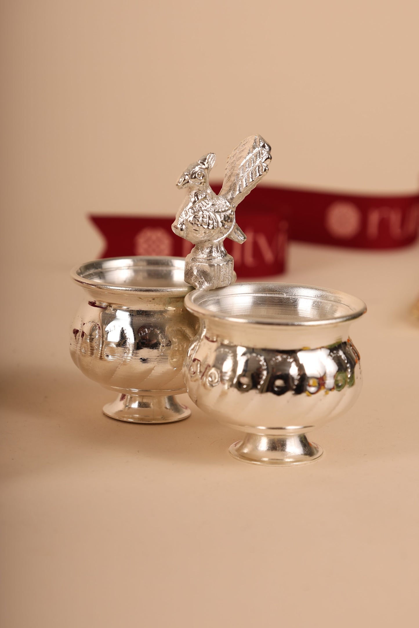 German Silver Peacock Design 3-in-1 Kumkum Bharani – Traditional Pooja Box for Haldi, Kumkum & Chandan