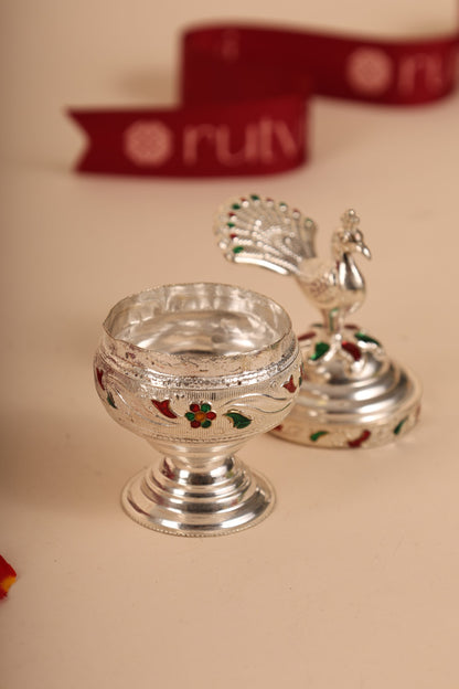 German Silver Peacock Kumkum Box – Traditional Kumkuma Bharani for Pooja & Gifting