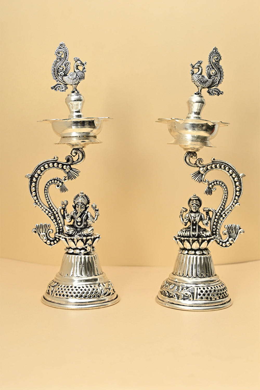 German Silver Laxmi Ganesh Lamp