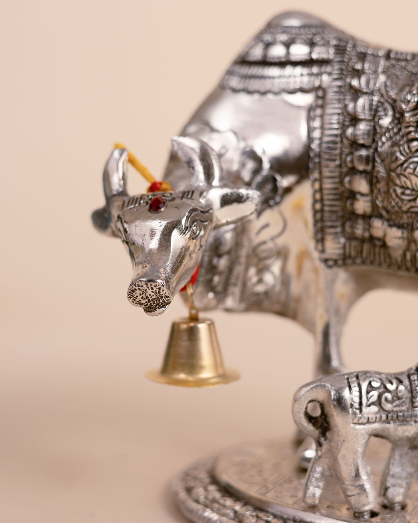 German Silver Kamdhenu Cow & Calf with Baby Krishna