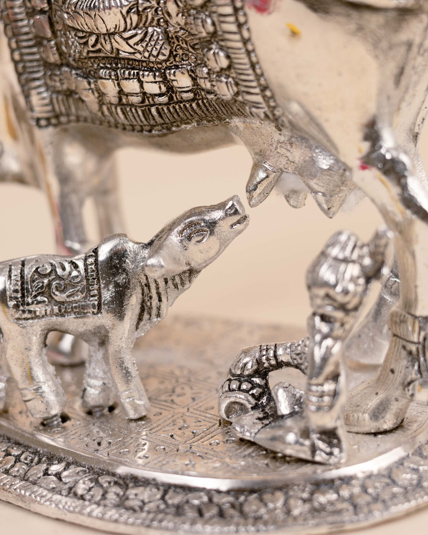 German Silver Kamdhenu Cow & Calf with Baby Krishna