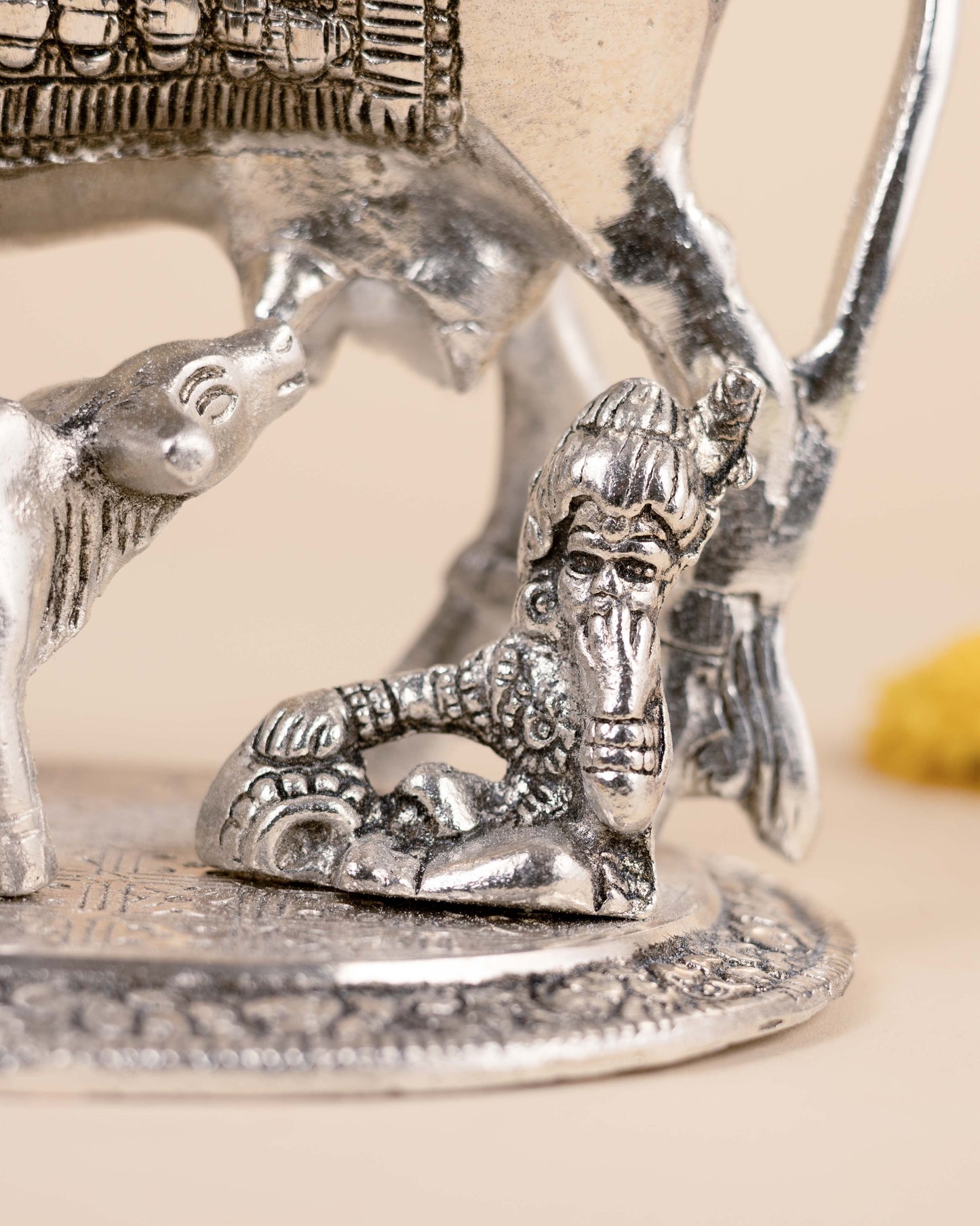 German Silver Kamdhenu Cow & Calf with Baby Krishna