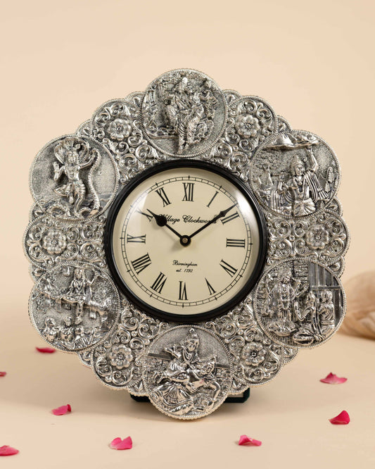 Premium Pure Silver Wall Clock Floral Engraving