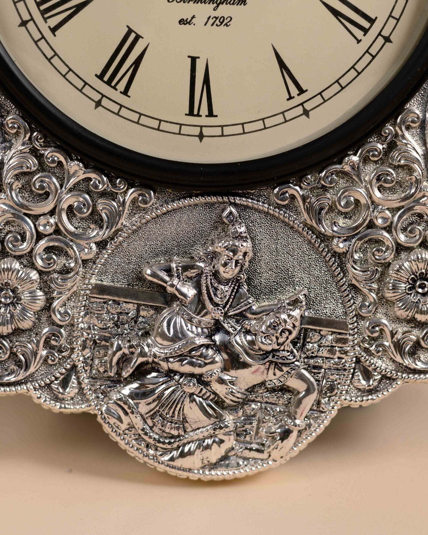 Premium Pure Silver Wall Clock Floral Engraving