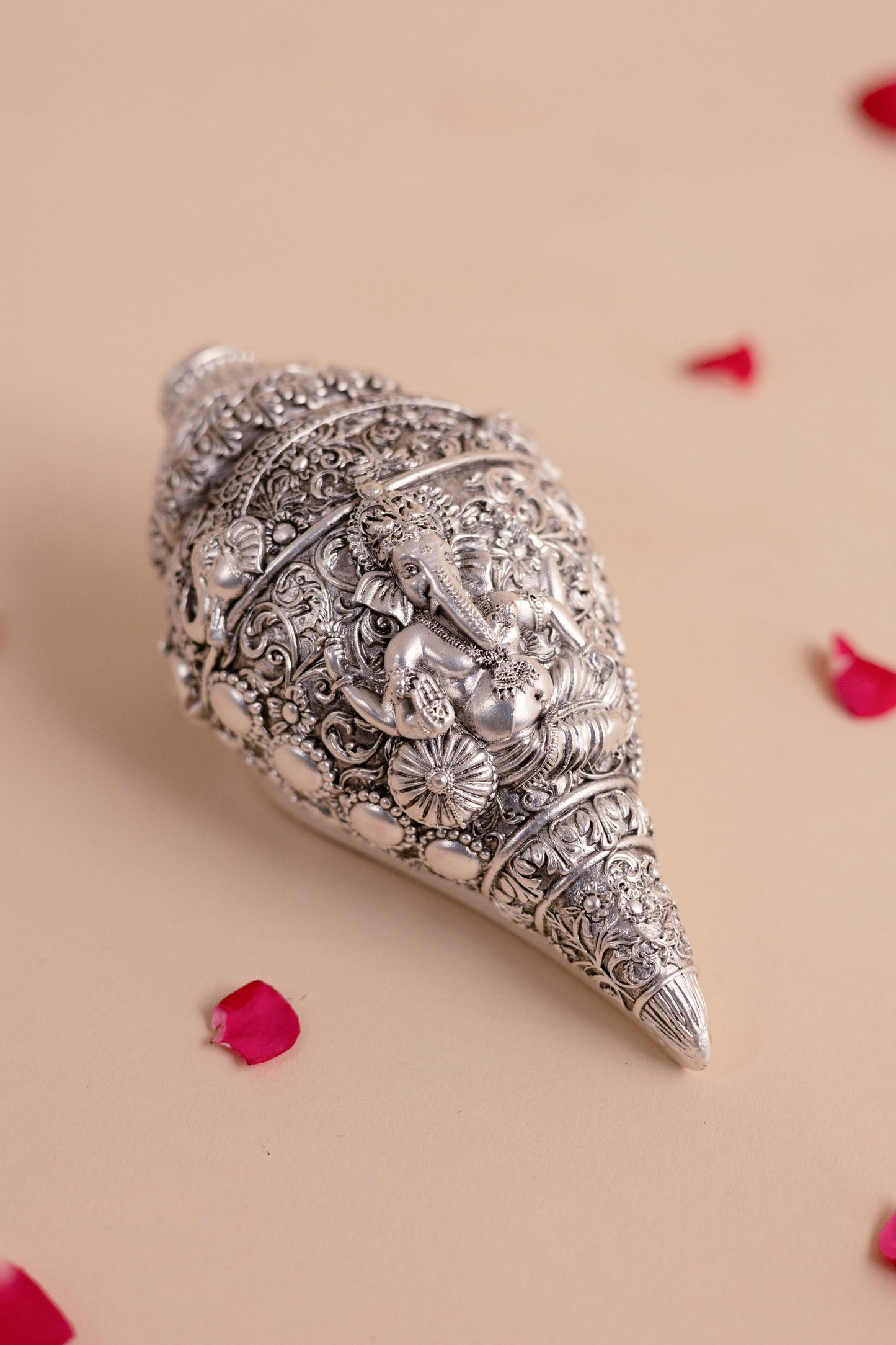 Silver Plated Hand Engraved Ganesha Shankh for Decor