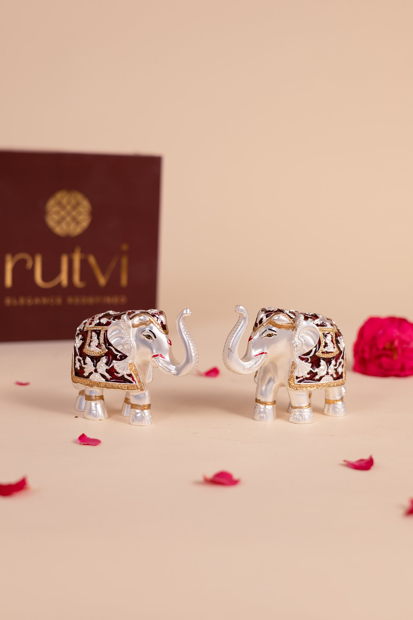 Silver Plated Red Meena Elephant Set